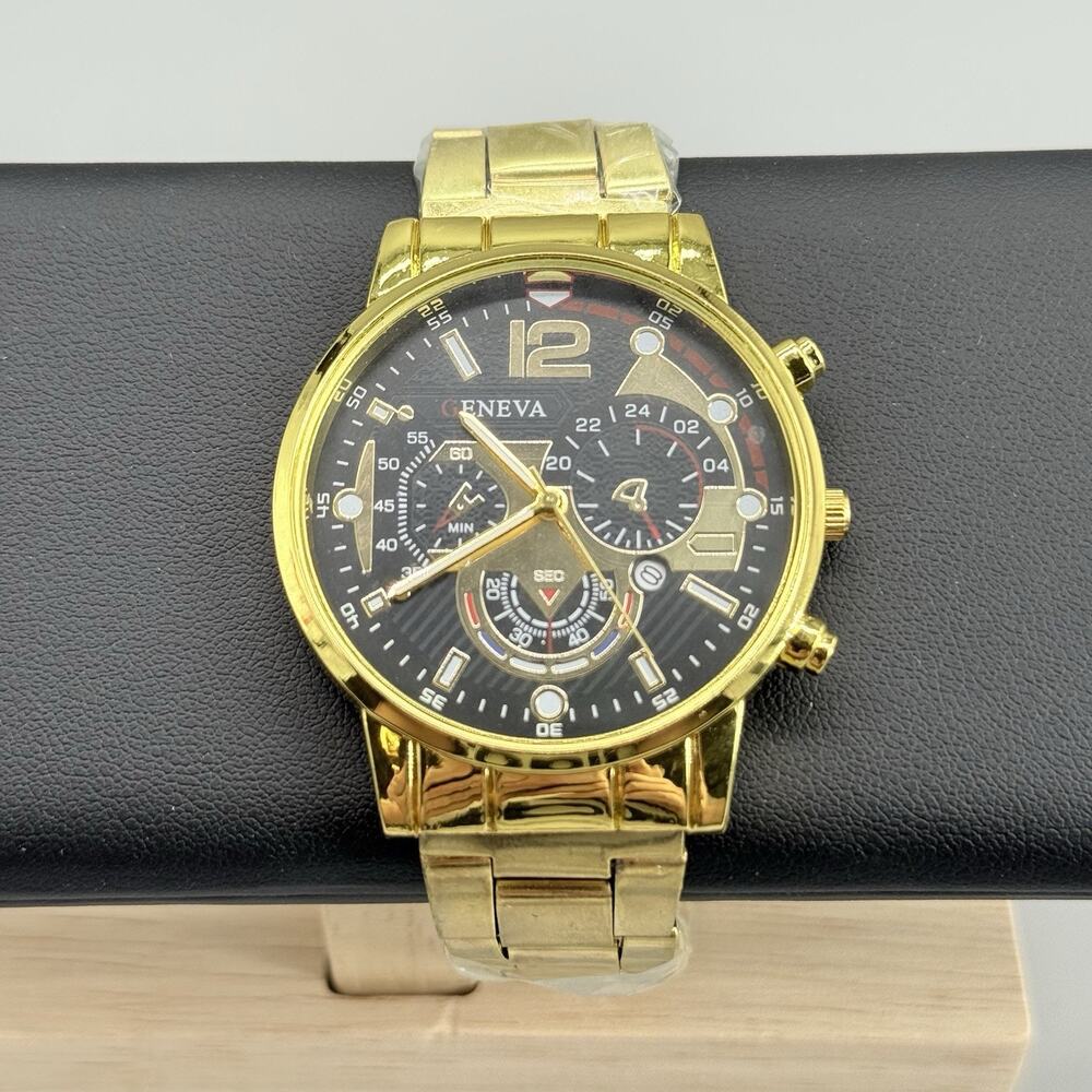 Geneva Mens Gold Tone Chronograph Style Watch Black Dial Stainless Steel New